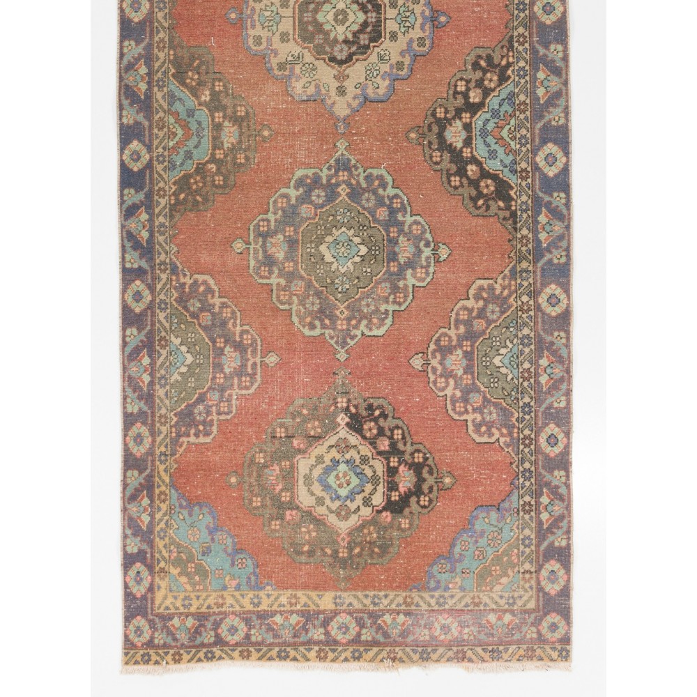 Vintage Hand-Knotted Oushak Runner. Unique Wool Hallway Carpet