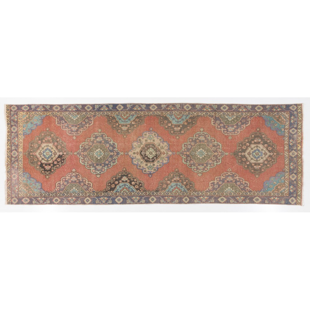 Vintage Hand-Knotted Oushak Runner. Unique Wool Hallway Carpet