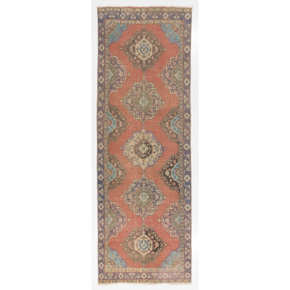 Vintage Hand-Knotted Oushak Runner. Unique Wool Hallway Carpet