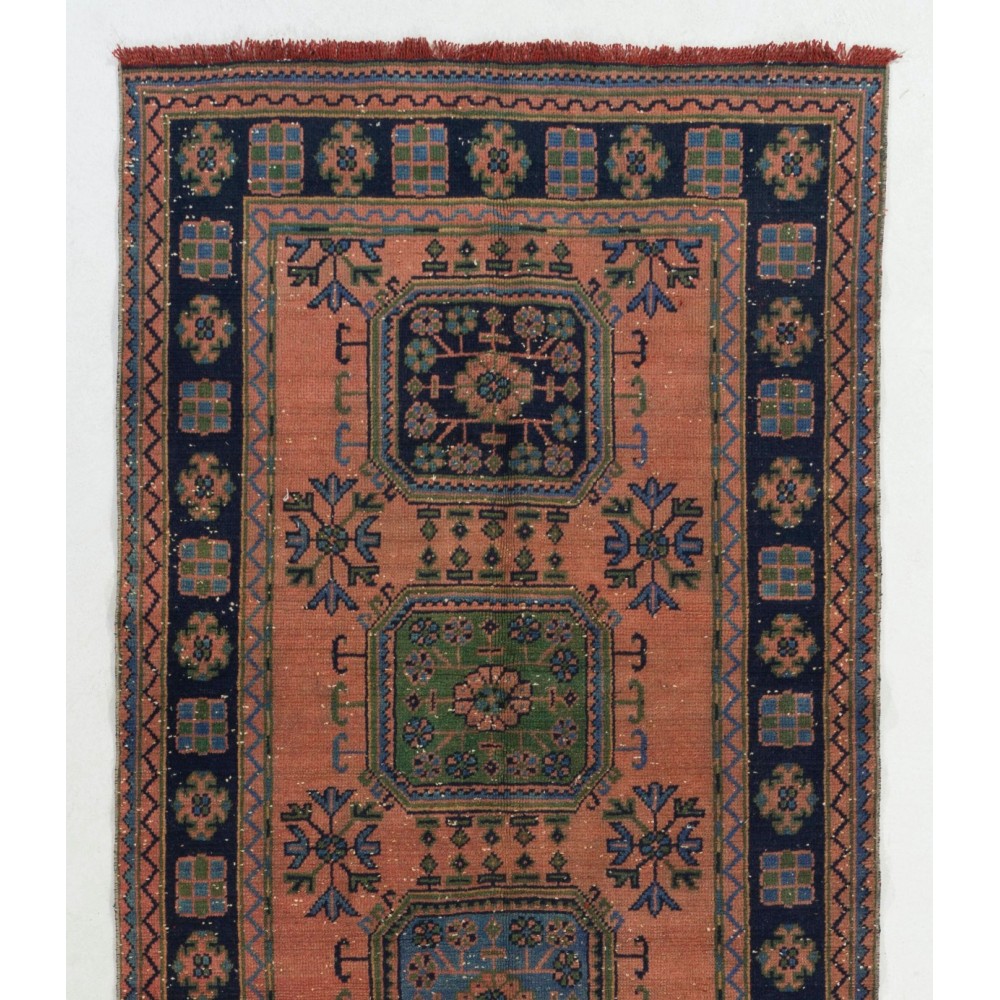 Vintage Hand-Knotted Turkish Runner. One of a kind Wool Hallway Carpet
