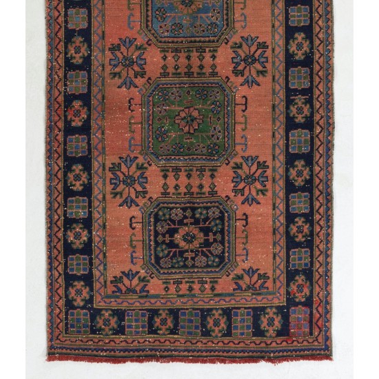 Vintage Hand-Knotted Turkish Runner. One of a kind Wool Hallway Carpet