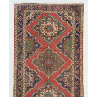 Vintage Handmade Oushak Wool Runner Rug in Red and Indigo