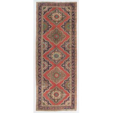 Vintage Handmade Oushak Wool Runner Rug in Red and Indigo