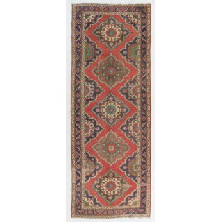 Vintage Handmade Oushak Wool Runner Rug in Red and Indigo