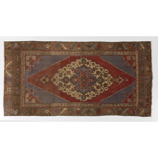 Vintage Hand Knotted Red and Blue Turkish Area Rug with Soft Wool Pile