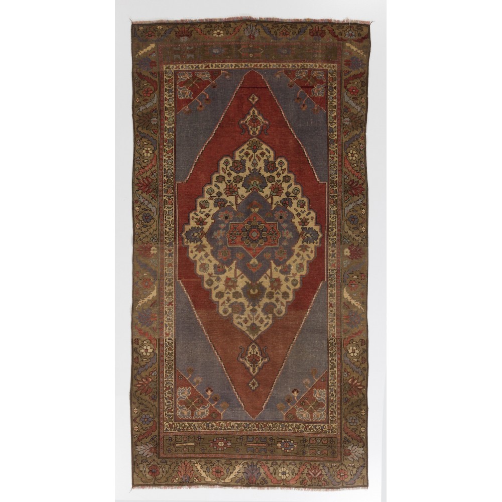 Vintage Hand Knotted Red and Blue Turkish Area Rug with Soft Wool Pile