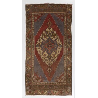 Vintage Hand Knotted Red and Blue Turkish Area Rug with Soft Wool Pile