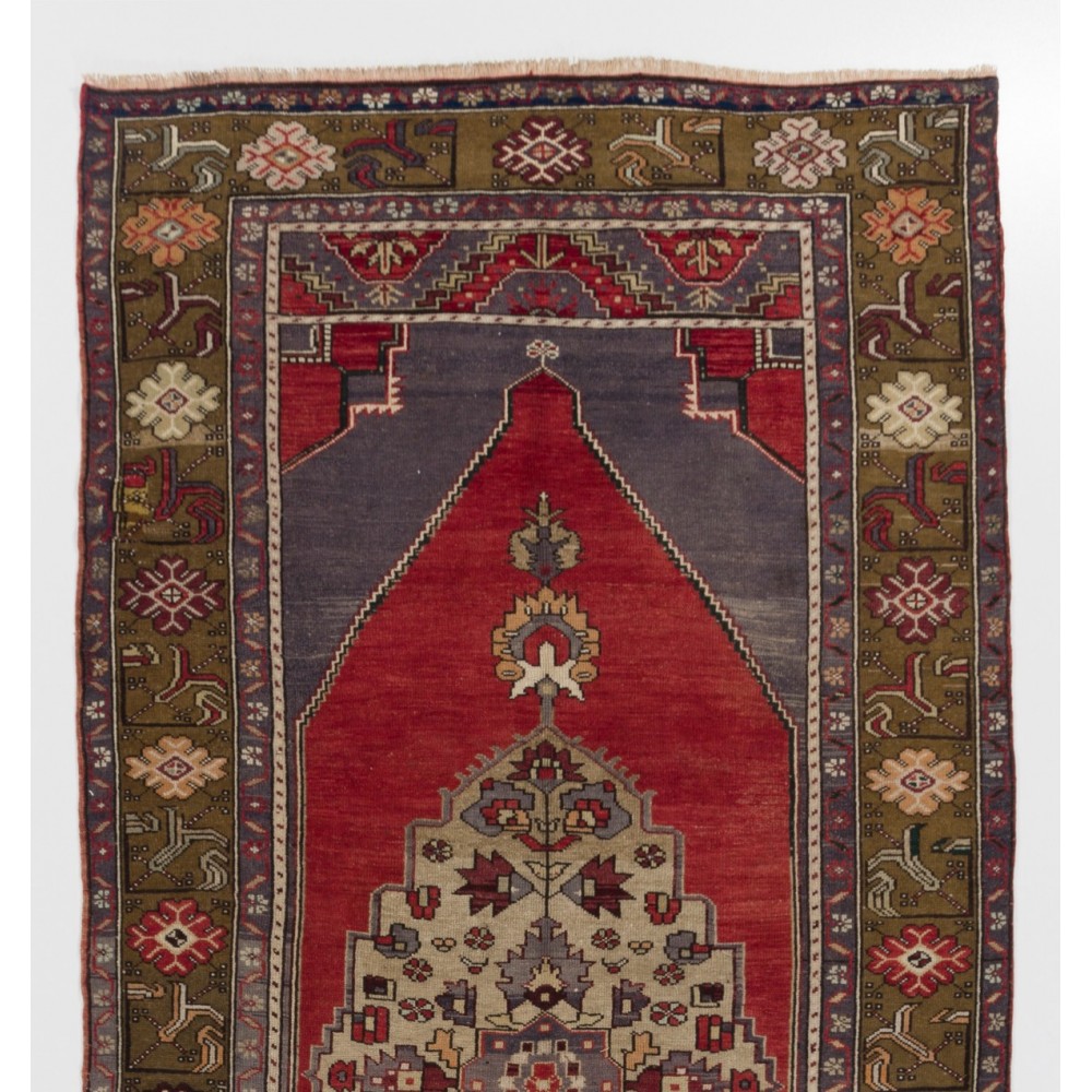Vintage Anatolian Village Rug, Traditional Wool Oriental Rug in Red and Blue