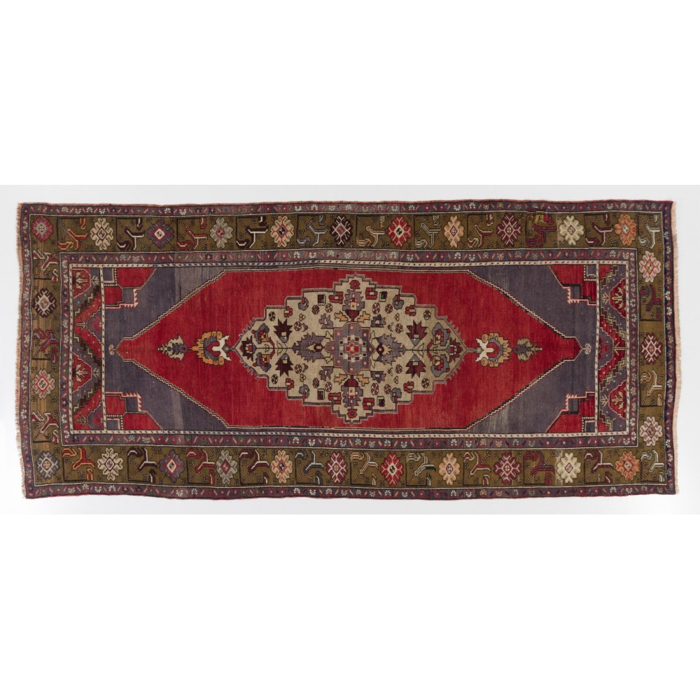 Vintage Anatolian Village Rug, Traditional Wool Oriental Rug in Red and Blue