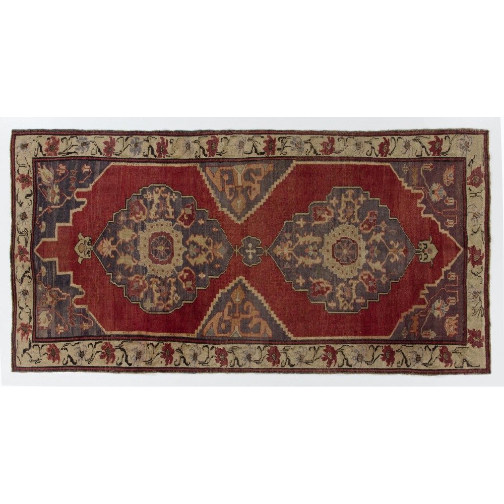 Vintage Rug from a Turkish Village. 100% Soft Wool. Red, Gray, Beige