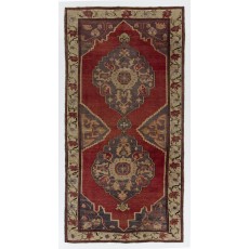 Vintage Rug from a Turkish Village. 100% Soft Wool. Red, Gray, Beige