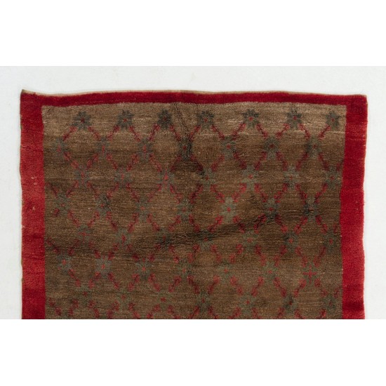 Handmade Camel & Red Wool Tulu Rug with Floral Lattice Design.