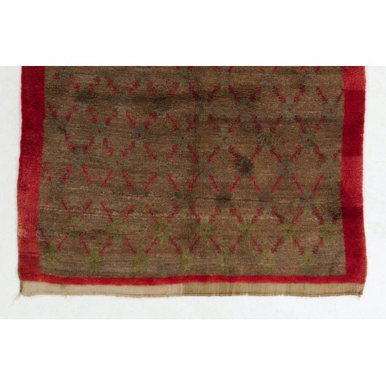 Handmade Camel & Red Wool Tulu Rug with Floral Lattice Design.