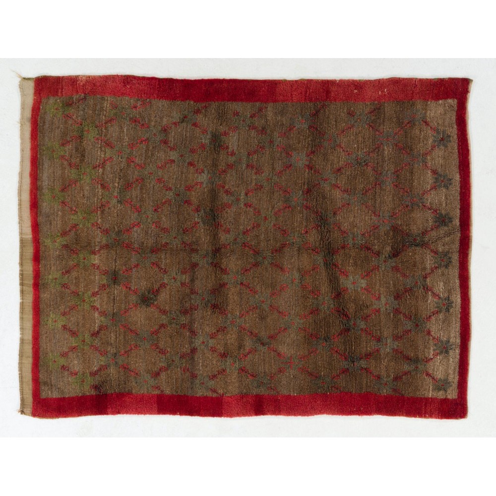 Vintage Handmade Camel & Red Wool Tulu Rug with Floral Lattice Design
