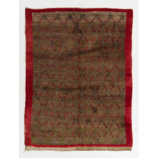 Handmade Camel & Red Wool Tulu Rug with Floral Lattice Design.