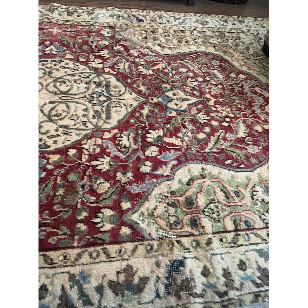 Vintage Hand-Knotted Turkish Floral Medallion Rug in Red, Ivory and Sage Green Vintage Hand-Knotted Turkish Floral Medallion Rug in Red, Ivory and Sage Green