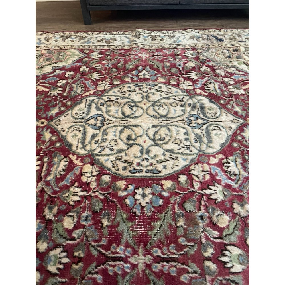 Vintage Hand-Knotted Turkish Floral Medallion Rug in Red, Ivory and Sage Green Vintage Hand-Knotted Turkish Floral Medallion Rug in Red, Ivory and Sage Green