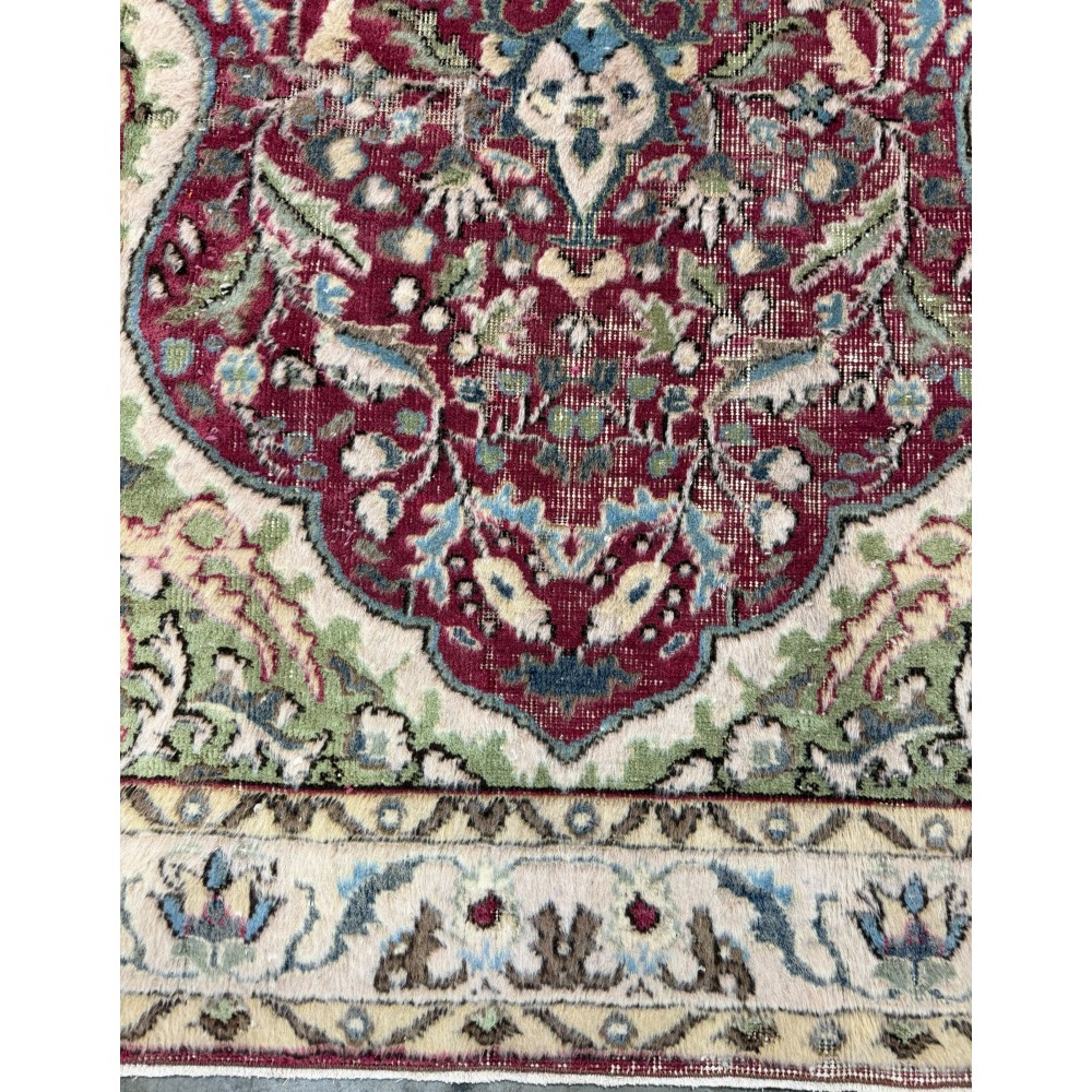Vintage Hand-Knotted Turkish Floral Medallion Rug in Red, Ivory and Sage Green Vintage Hand-Knotted Turkish Floral Medallion Rug in Red, Ivory and Sage Green