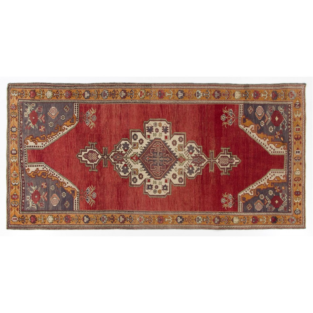 One-of-a-Kind Vintage Handmade Turkish Rug in Red, Indigo and Marigold