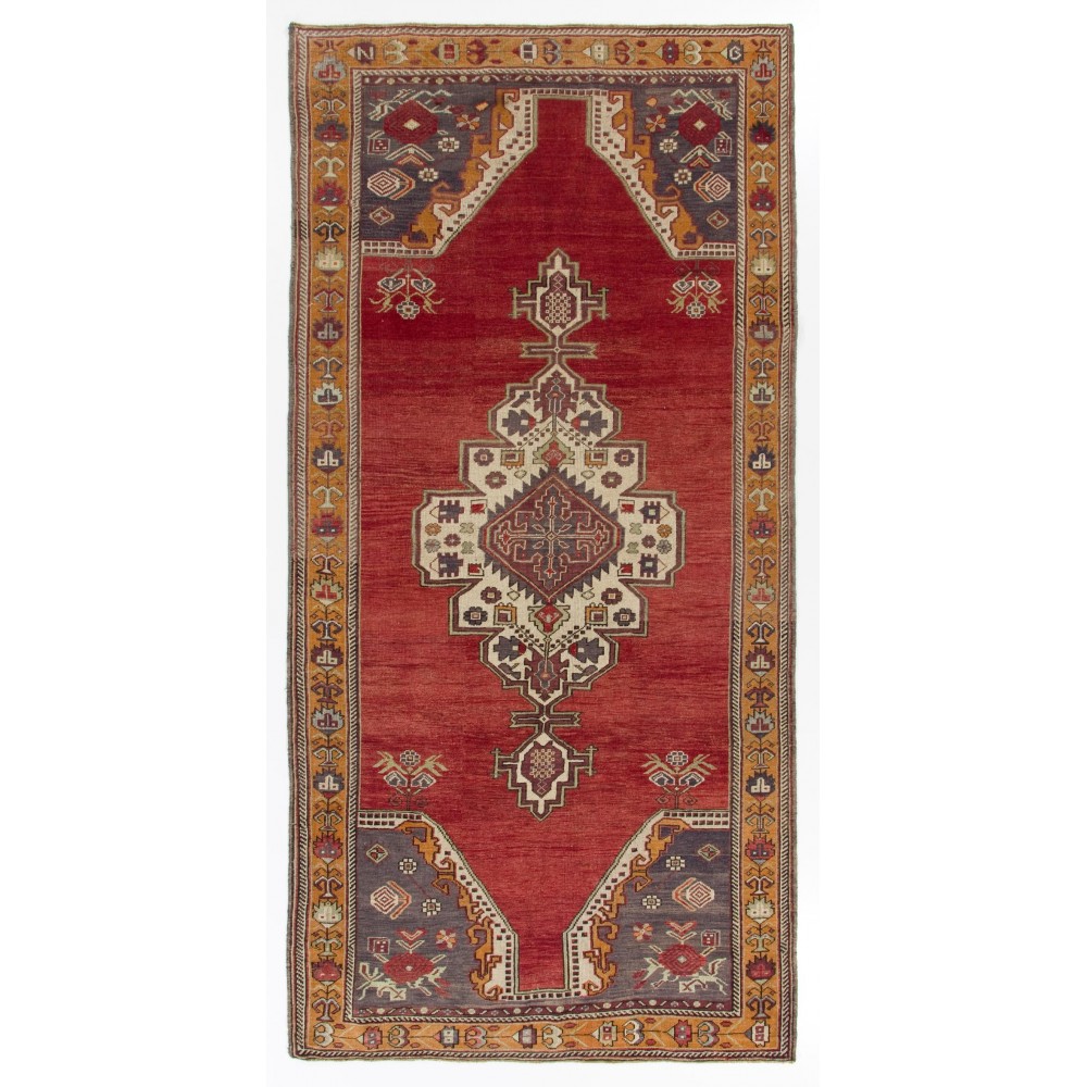 One-of-a-Kind Vintage Handmade Turkish Rug in Red, Indigo and Marigold