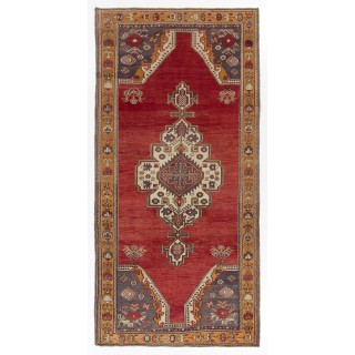 One-of-a-Kind Vintage Handmade Turkish Rug in Red, Indigo and Marigold