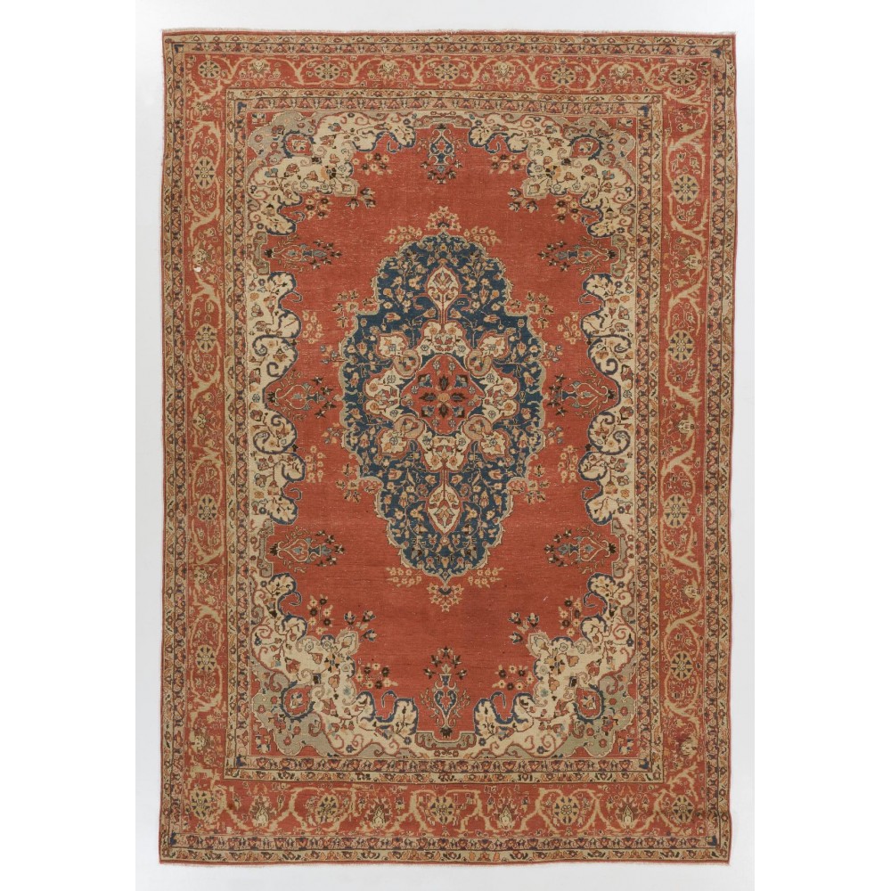 Room Size Vintage Hand Knotted Turkish Rug in Red with Floral Design