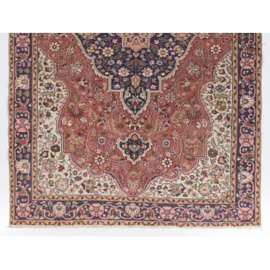 Room-Size Vintage Hand Knotted Floral Turkish Rug in Red and Blue with Wool Pile