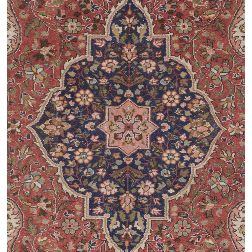 Room-Size Vintage Hand Knotted Floral Turkish Rug in Red and Blue with Wool Pile