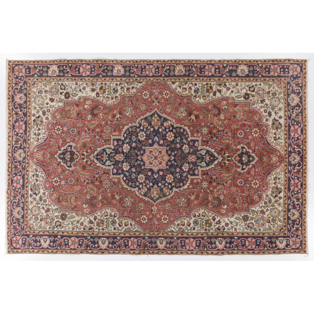 Room-Size Vintage Hand Knotted Floral Turkish Rug in Red and Blue with Wool Pile
