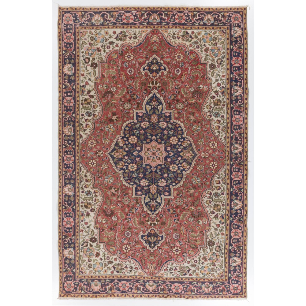 Room-Size Vintage Hand Knotted Floral Turkish Rug in Red and Blue with Wool Pile