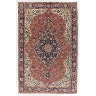 Room-Size Vintage Hand Knotted Floral Turkish Rug in Red and Blue with Wool Pile