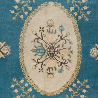 Vintage Turkish Floral Medallion Rug in Blue, Ivory and Dusty Rose. Hand-Knotted Living Room Carpet Vintage Turkish Floral Medallion Rug in Blue, Ivory and Dusty Rose. Hand-Knotted Living Room Carpet
