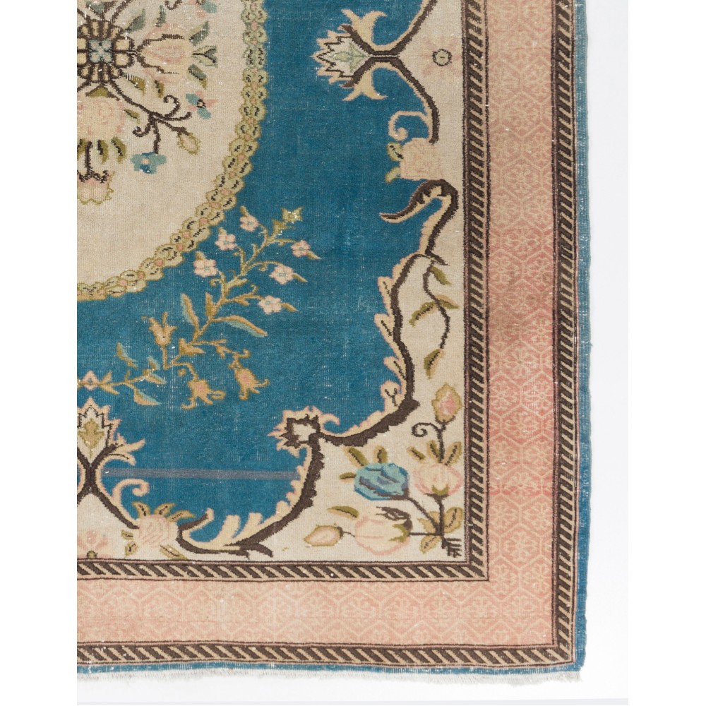 Vintage Turkish Floral Medallion Rug in Blue, Ivory and Dusty Rose. Hand-Knotted Living Room Carpet Vintage Turkish Floral Medallion Rug in Blue, Ivory and Dusty Rose. Hand-Knotted Living Room Carpet