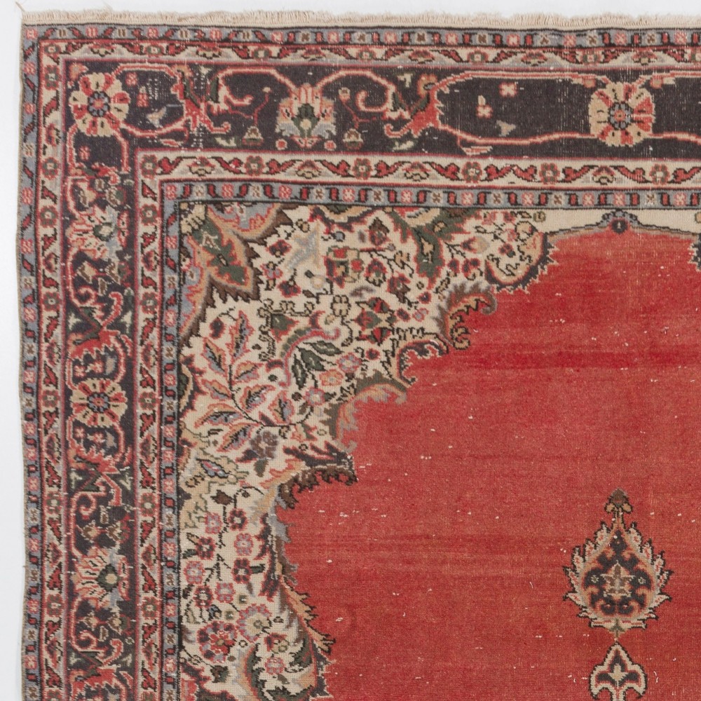 Vintage Handmade Turkish Red Large Area Rug with Medallion Design