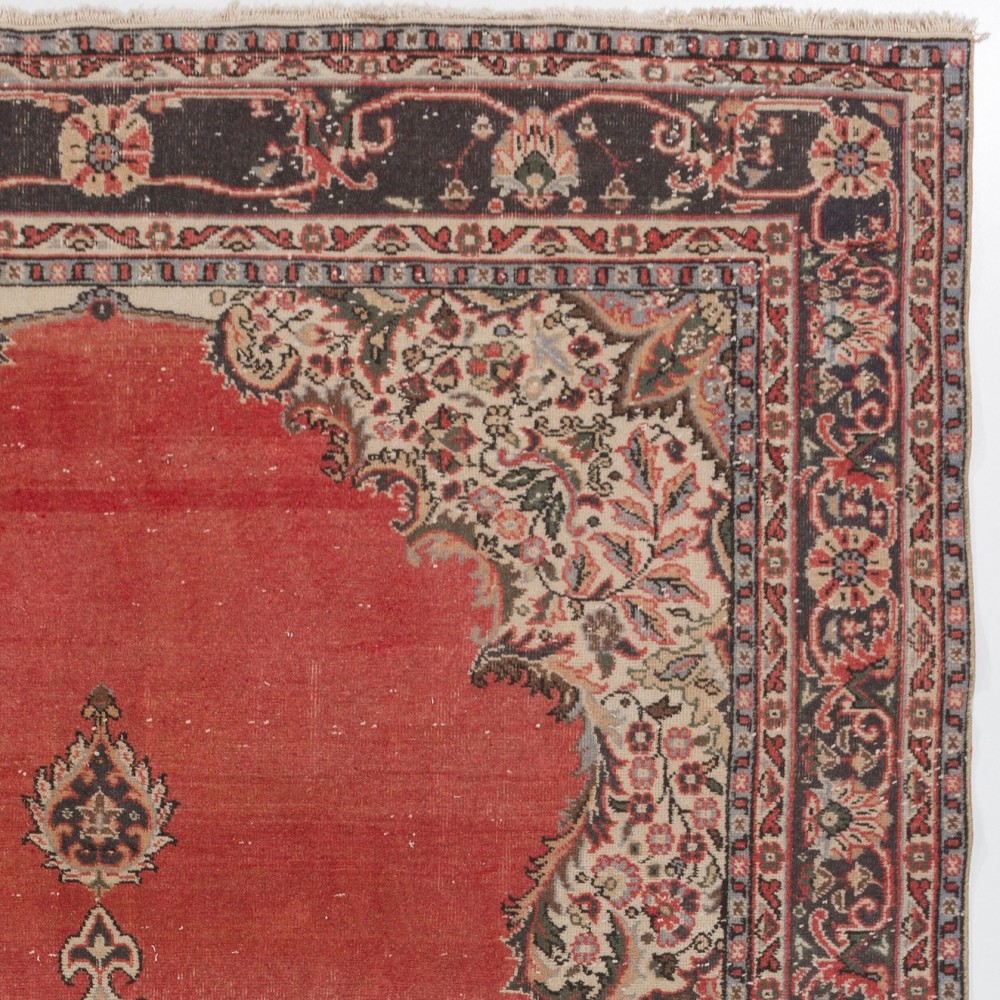 Vintage Handmade Turkish Red Large Area Rug with Medallion Design
