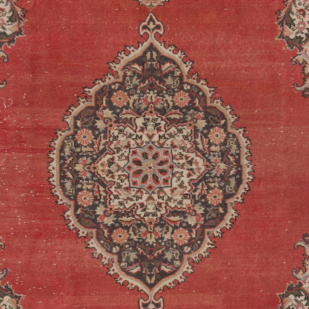 Vintage Handmade Turkish Red Large Area Rug with Medallion Design