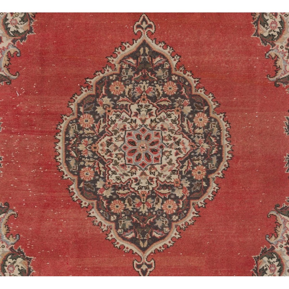 Vintage Handmade Turkish Red Large Area Rug with Medallion Design