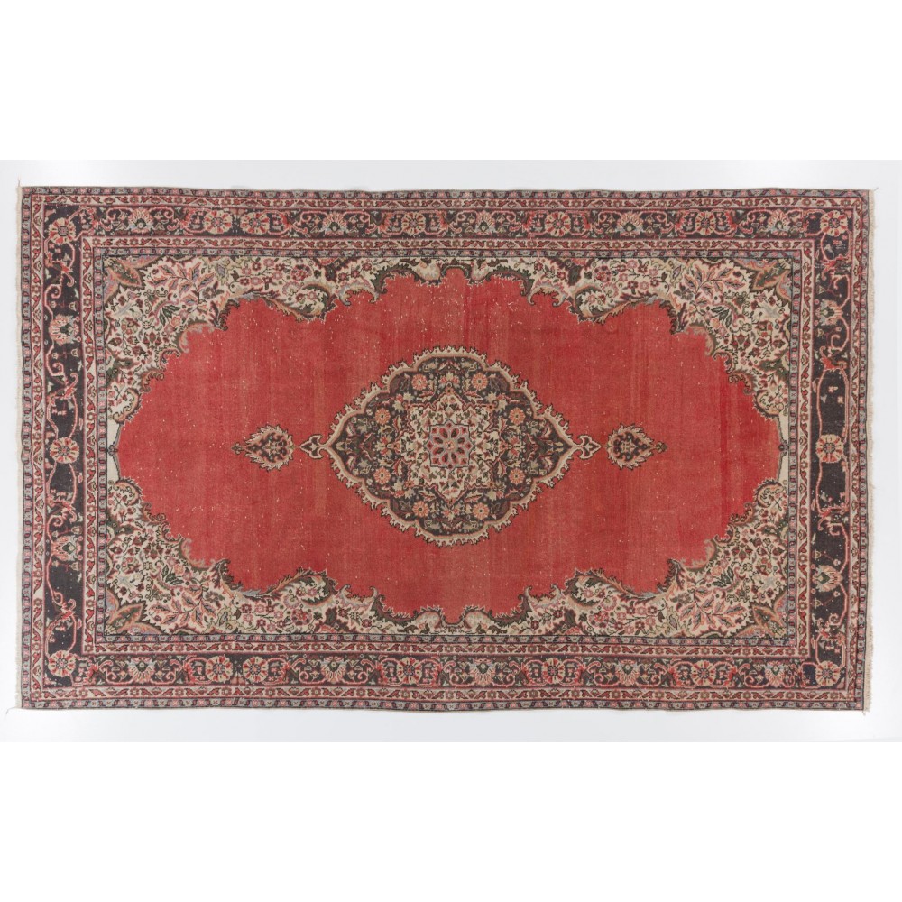 Vintage Handmade Turkish Red Large Area Rug with Medallion Design