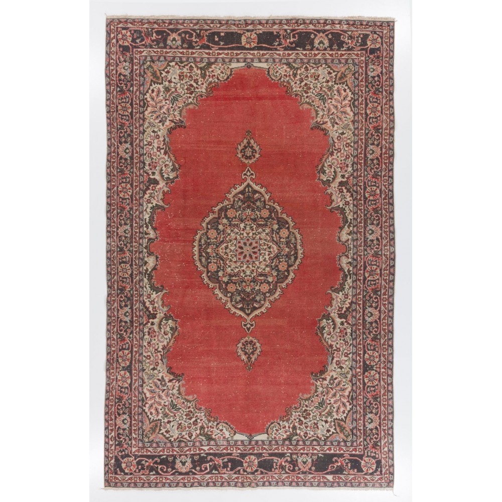 Vintage Handmade Turkish Red Large Area Rug with Medallion Design