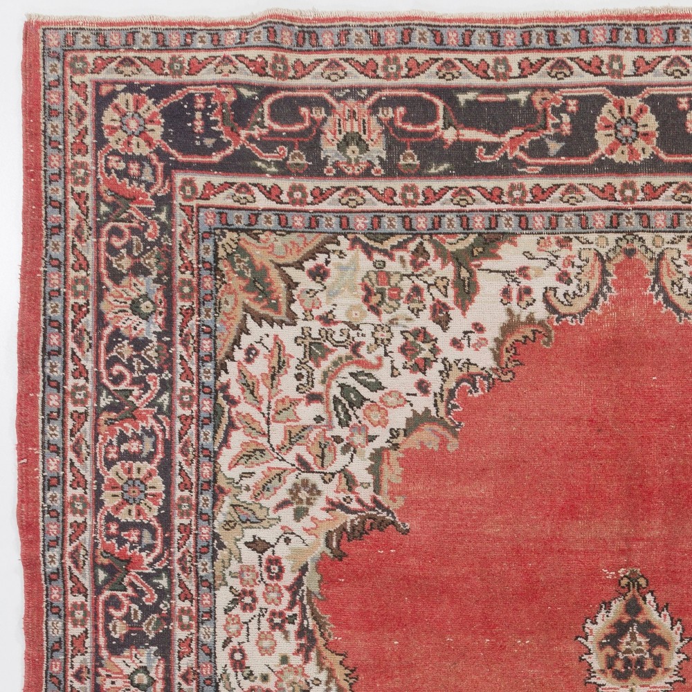 Vintage Hand-Knotted Turkish Floral Medallion Rug in Coral Red, Ivory and Charcoal Vintage Hand-Knotted Turkish Floral Medallion Rug in Coral Red, Ivory and Charcoal