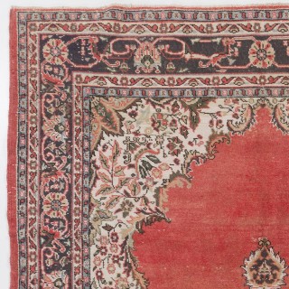 Vintage Hand-Knotted Turkish Floral Medallion Rug in Coral Red, Ivory and Charcoal Vintage Hand-Knotted Turkish Floral Medallion Rug in Coral Red, Ivory and Charcoal