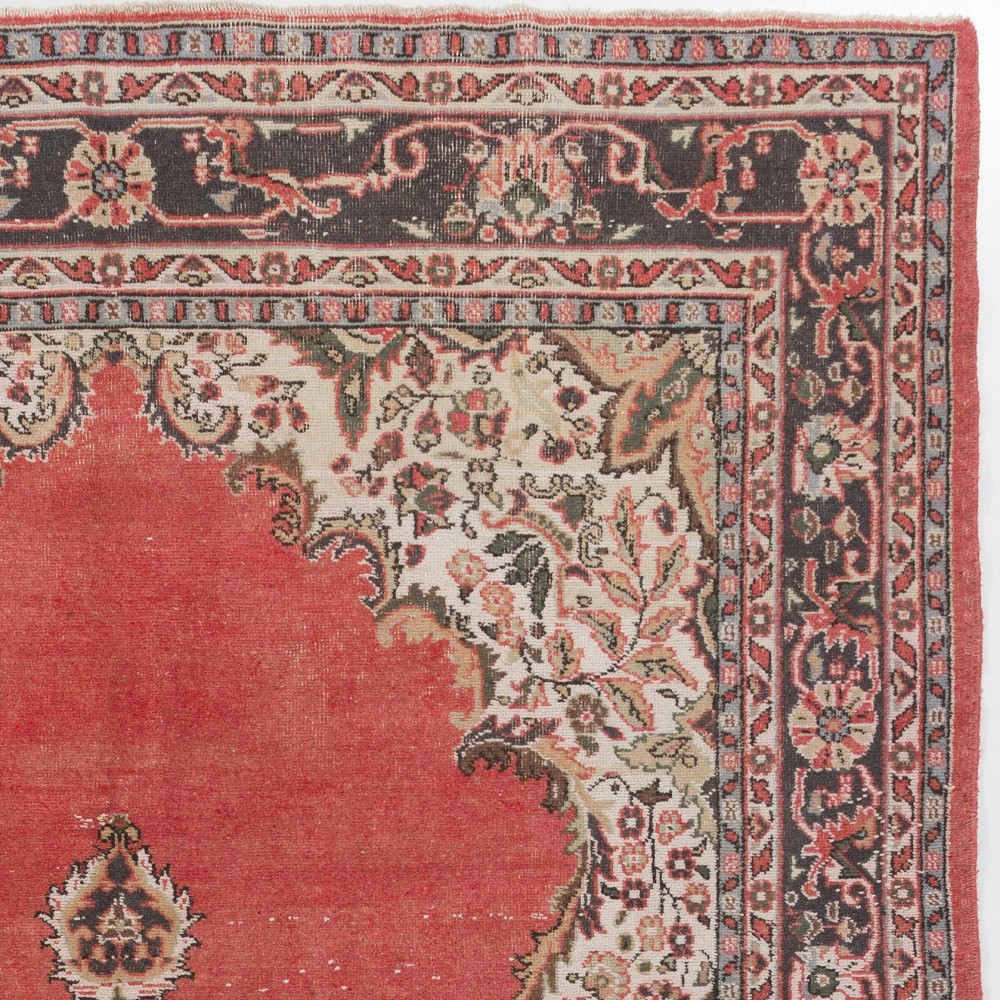 Vintage Hand-Knotted Turkish Floral Medallion Rug in Coral Red, Ivory and Charcoal Vintage Hand-Knotted Turkish Floral Medallion Rug in Coral Red, Ivory and Charcoal