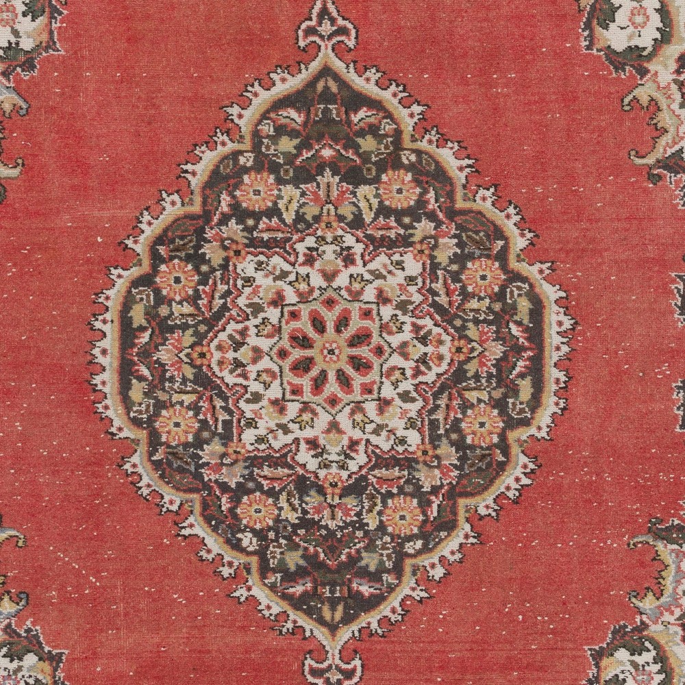 Vintage Hand-Knotted Turkish Floral Medallion Rug in Coral Red, Ivory and Charcoal Vintage Hand-Knotted Turkish Floral Medallion Rug in Coral Red, Ivory and Charcoal