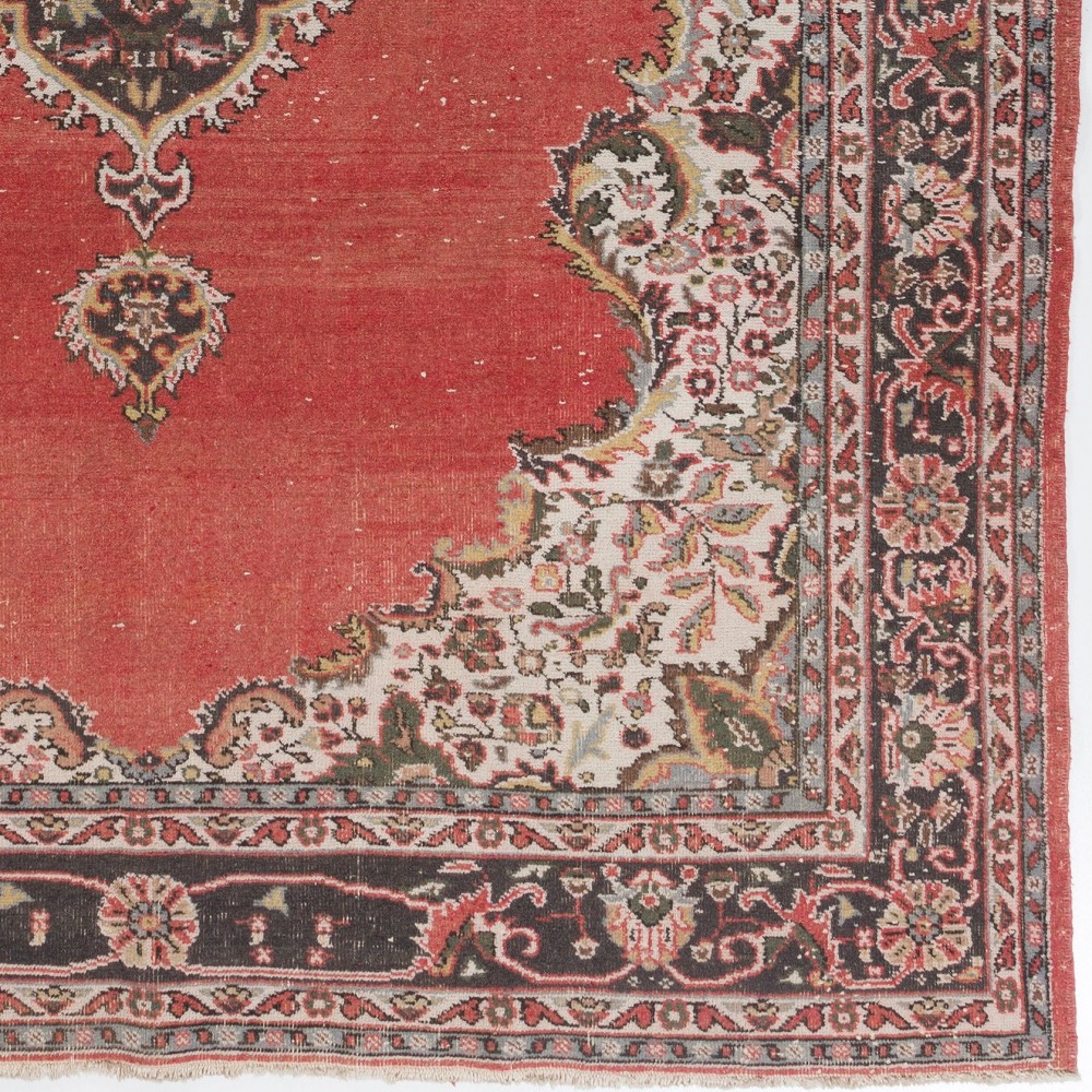 Vintage Hand-Knotted Turkish Floral Medallion Rug in Coral Red, Ivory and Charcoal Vintage Hand-Knotted Turkish Floral Medallion Rug in Coral Red, Ivory and Charcoal