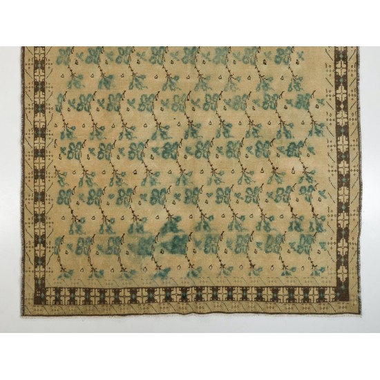 Vintage Handmade Village Rug in Beige, Green and Brown Colors, Ca 1960. Wool Carpet for Home & Office