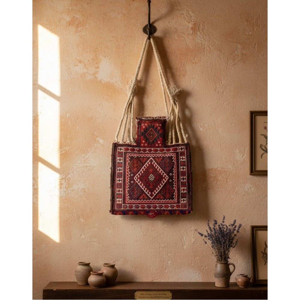 Rare Vintage Turkish Salt Bag. Decorative Handmade Wall Hanging in Red