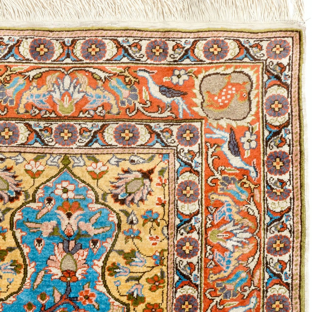 Fine Silk & Metal Thread Pictorial Rug. Vintage Kyseri Wall Hanging. Turkish Tapestry