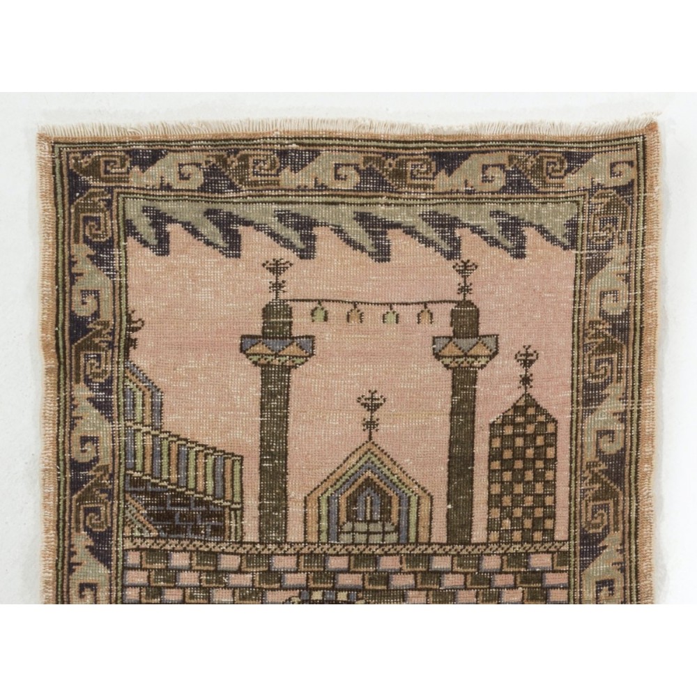 Vintage Handmade Anatolian Prayer Rug from Sille depicting a mosque decorated with Ramadan candle lights
