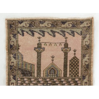 Vintage Handmade Anatolian Prayer Rug from Sille depicting a mosque decorated with Ramadan candle lights