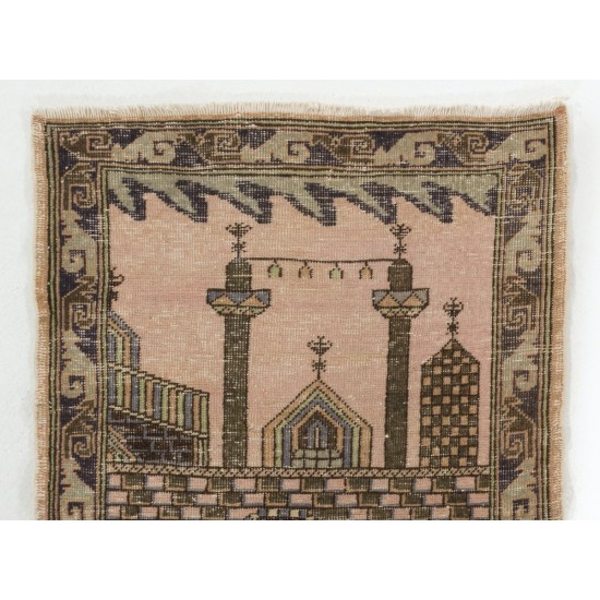 Vintage Central Anatolian Prayer Rug from Sille depicting a mosque decorated with Ramadan candle lights
